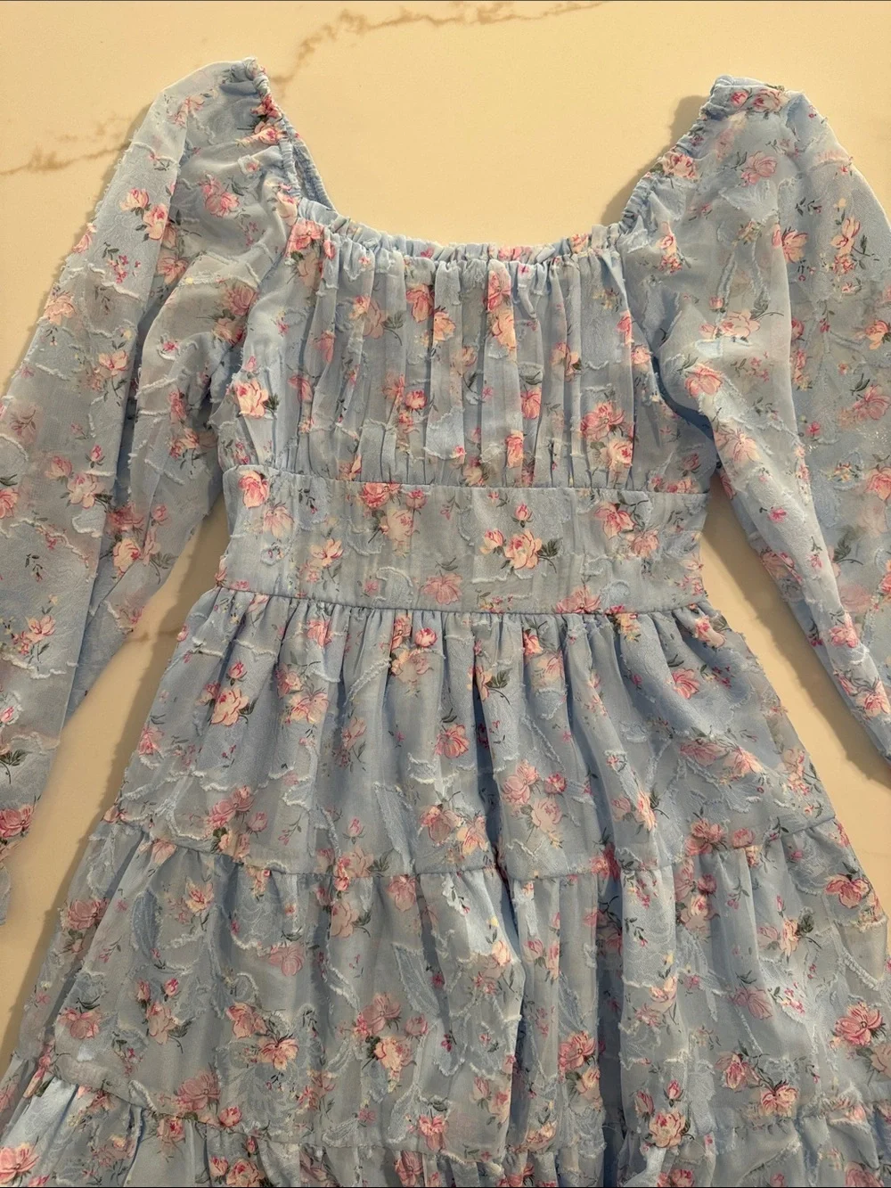 Rare Editions Light Blue Floral Tiered Long-Sleeve Dress